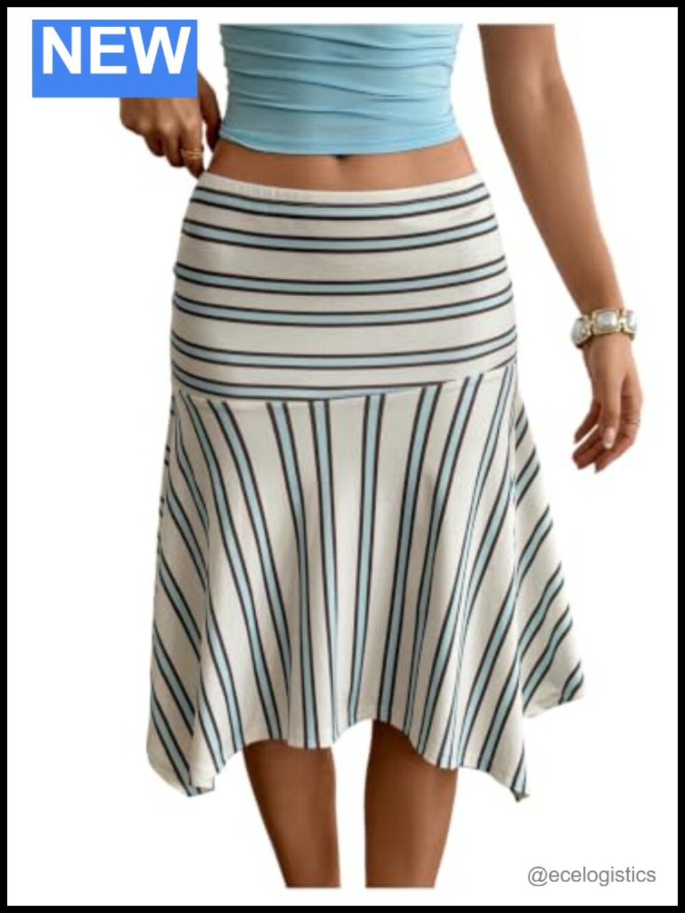 Striped Flowy Knee-Length Midi Skirt High Stretch Soft Asymmetrical Ruffled